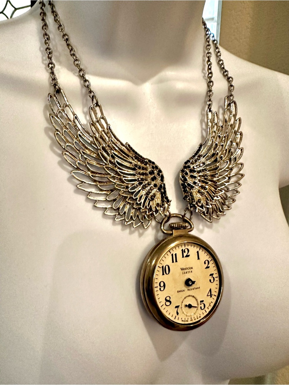 Vintage-Inspired Steampunk Winged Pocket Watch Pendant Statement Piece Necklace